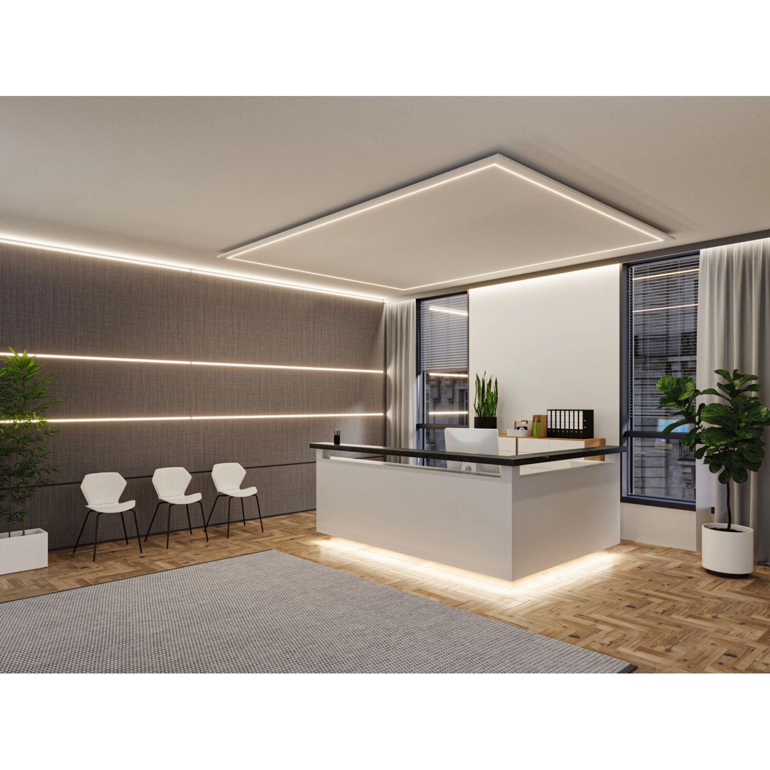 Büro mit indirekter Beleuchtung durch Paulmann MaxLED 1000 LED-Streifen an Decke, Wand und unterhalb des Empfangstresens.