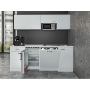 Weiße Flex-Well Classic Büroküche Wito 210 cm mit Spüle, Kühlschrank, Geschirrspüler und Mikrowelle.