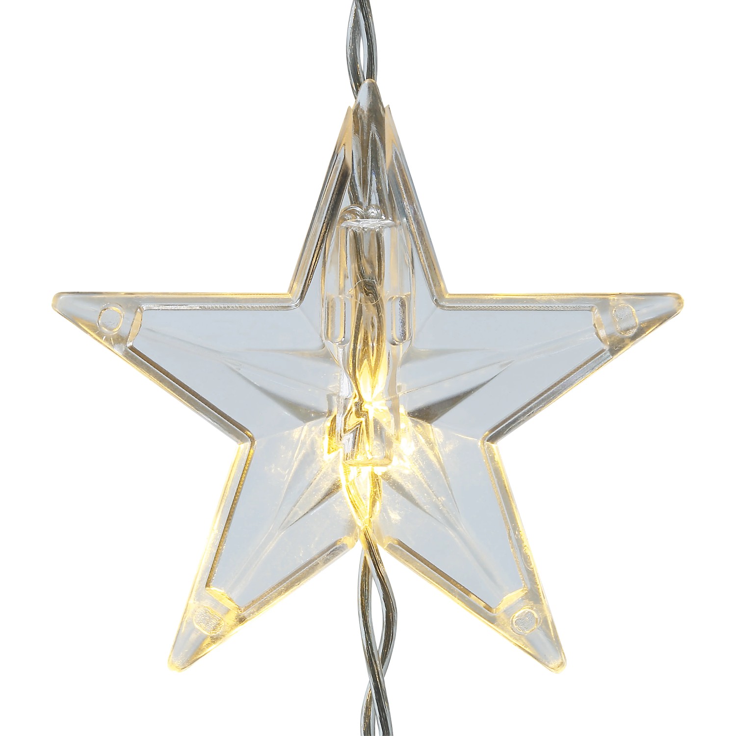 Sternförmige LED-Lichterkette mit warmweißem Licht und transparentem Kabel.