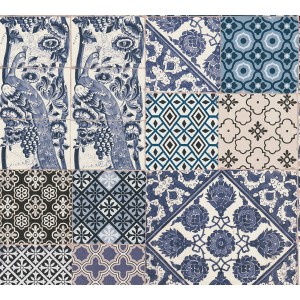Vliestapete Metropolitan Stories mit Fliesenmuster in Blau und Creme.