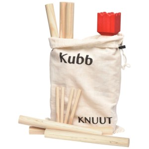 Toyfel Knuut Kubb Spiel (Wikingerschach) mit Stoffbeutel, Holzklötze und König in Rot.