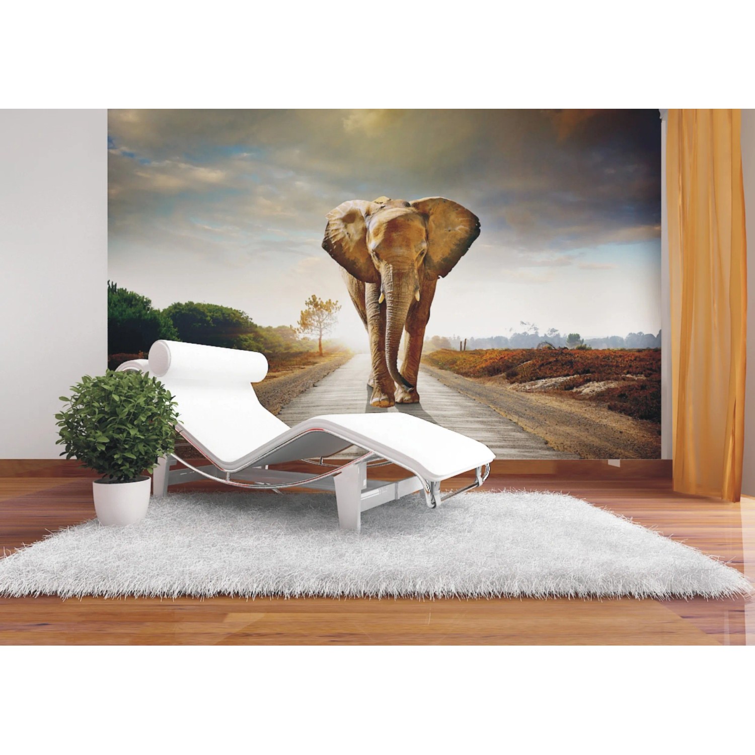 Fototapete mit Elefant in Beige, Grau und Blau. Wanddeko für Wohnzimmer oder Schlafzimmer.