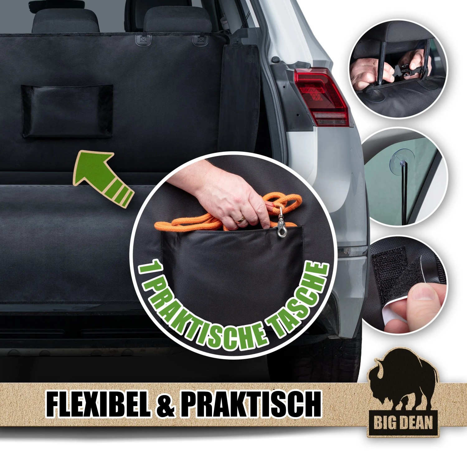 Schwarze BigDean Kofferraum Schutzmatte mit Seiten- & Stoßstangenschutz, praktischer Tasche und Befestigungsdetails.