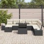 Schwarzes 9-teiliges Garten-Sofa-Set aus Poly Rattan mit verstellbarem Tisch.