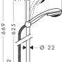 Technische Zeichnung: Hansgrohe Crometta 85 Vario Brauseset mit Brausestange 65 cm, Maße und Details.