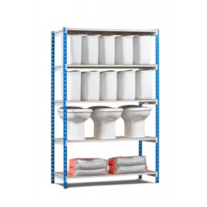 PROREGAL Fachbodenregal Maximus Pro mit fünf Ebenen, blau-grau, beladen mit Sanitärobjekten und Zementsäcken.