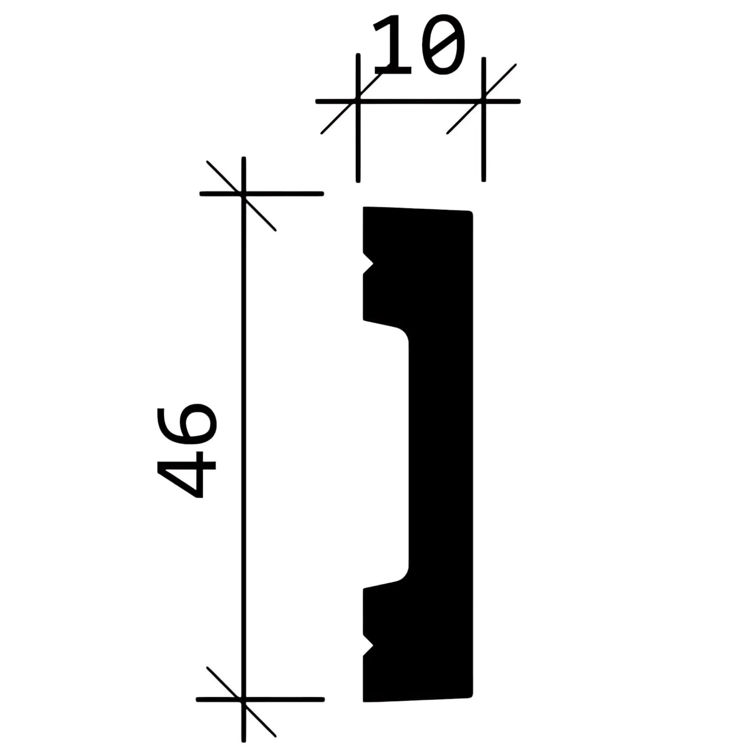 Profilzeichnung der weißen PROFHOME Wand- und Friesleiste, 46x10 mm, im 20m Set.