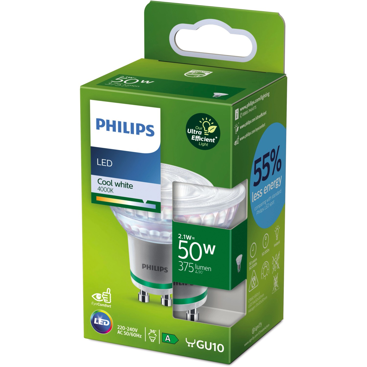 Philips LED-Leuchtmittel ultraeffizient GU10 Reflektor 2,1 W 375lm Kaltweiß