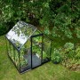Halls Gewächshaus Qube 66, schwarzer Rahmen, Glas, mit Pflanzen im Garten.