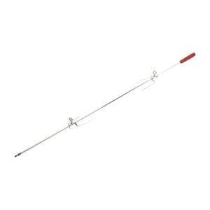 Grillspieß aus Edelstahl mit Holzgriff und Halteklammern für Grillgut.