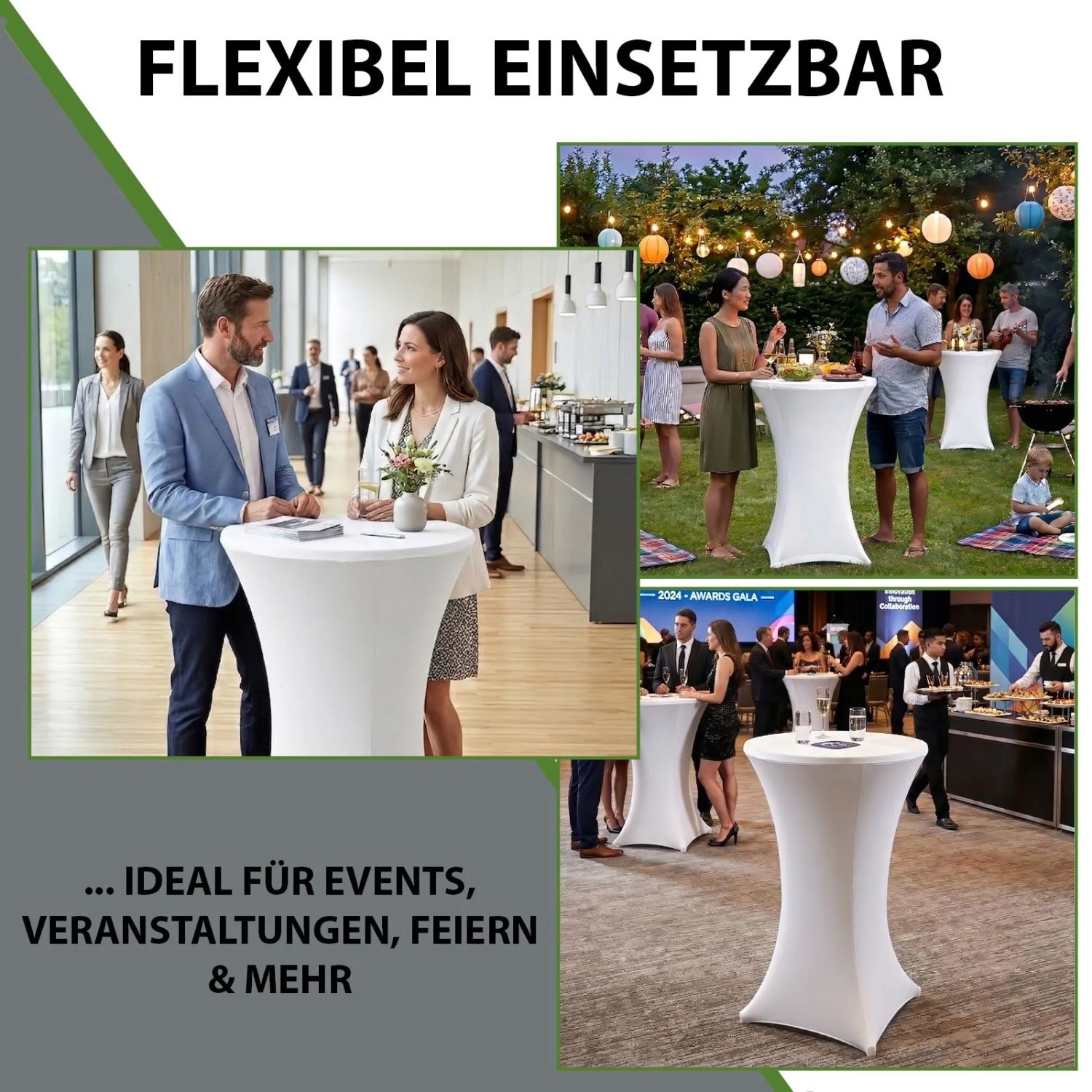 Mehrere Anwendungsbeispiele der weißen TRUTZHOLM Stehtischhusse Stretch 70cm für Events.