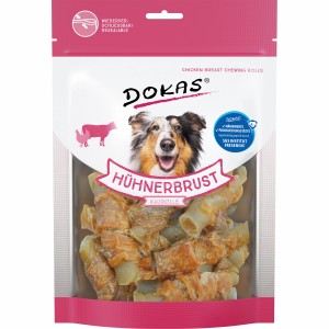 Dokas Kaurolle Hühnerbrust 250g, Kaustick für Hunde im wiederverschließbaren Beutel.