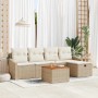 Beiges 6-teiliges vidaXL Garten-Sofa-Set aus Poly Rattan mit Kissen und Stauraum.