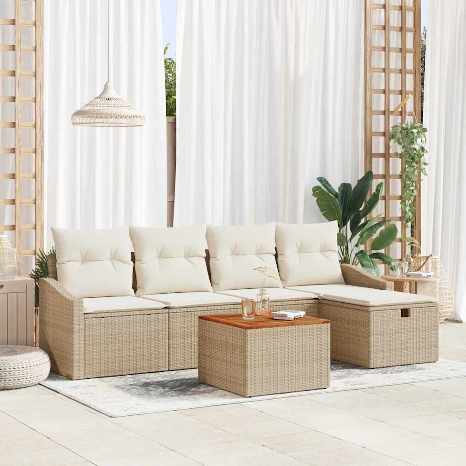 Beiges 6-teiliges vidaXL Garten-Sofa-Set aus Poly Rattan mit Kissen und Stauraum.