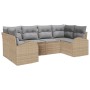 Beiges 6-teiliges Garten-Sofa-Set aus Polyrattan von vidaXL mit grauen Kissen.
