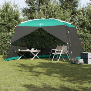 Meergrünes vidaXL Zelt mit Dach, 380x380x225 cm, mit Tisch und Stühlen im Garten.