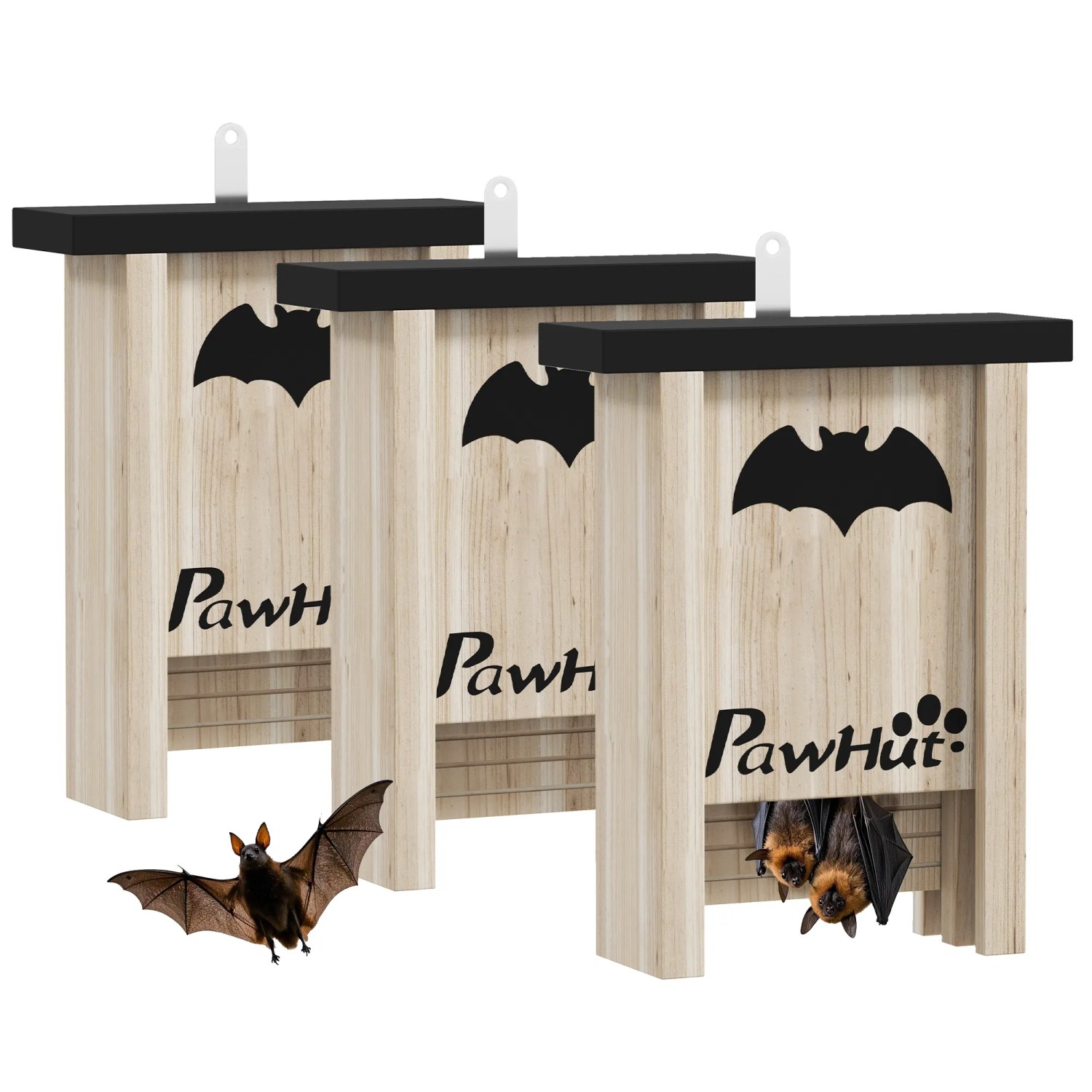 PawHut Fledermauskästen aus Tannenholz, 3er Set, Naturholzoptik, mit Fledermaus-Motiv.