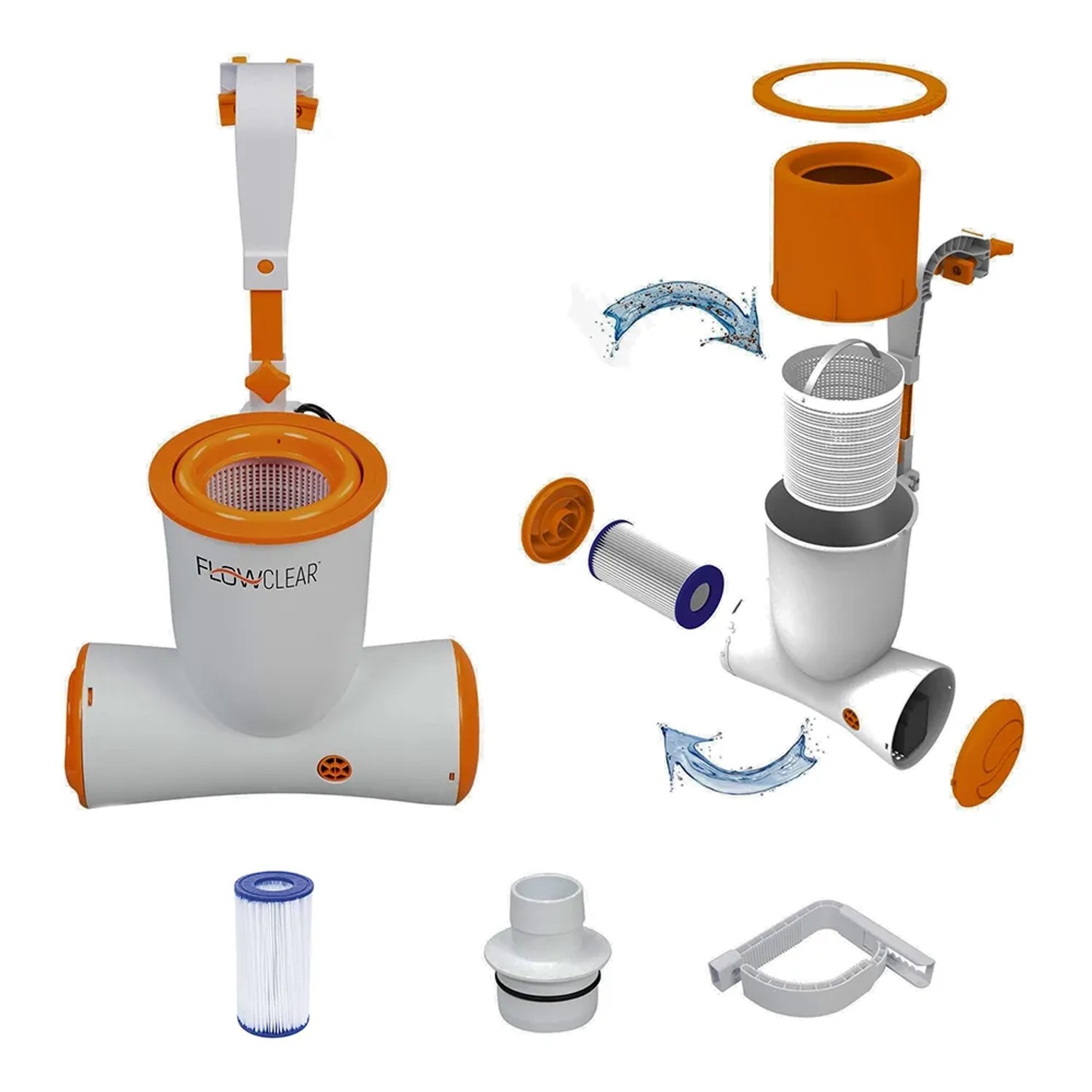 Flowclear Skimatic 2-in-1 Pool Skimmer mit Filter und Zubehör, zur Reinigung von Pools.