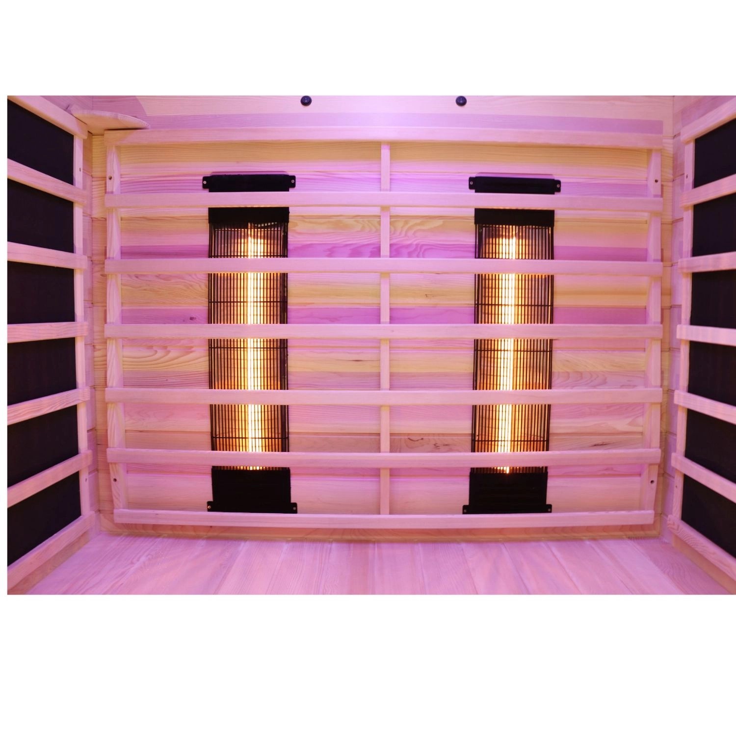 Innenansicht Dewello Infrarotkabine Pierson mit Vollspektrumstrahlern und Hemlock Tannenholz. Sauna für 2 Personen.