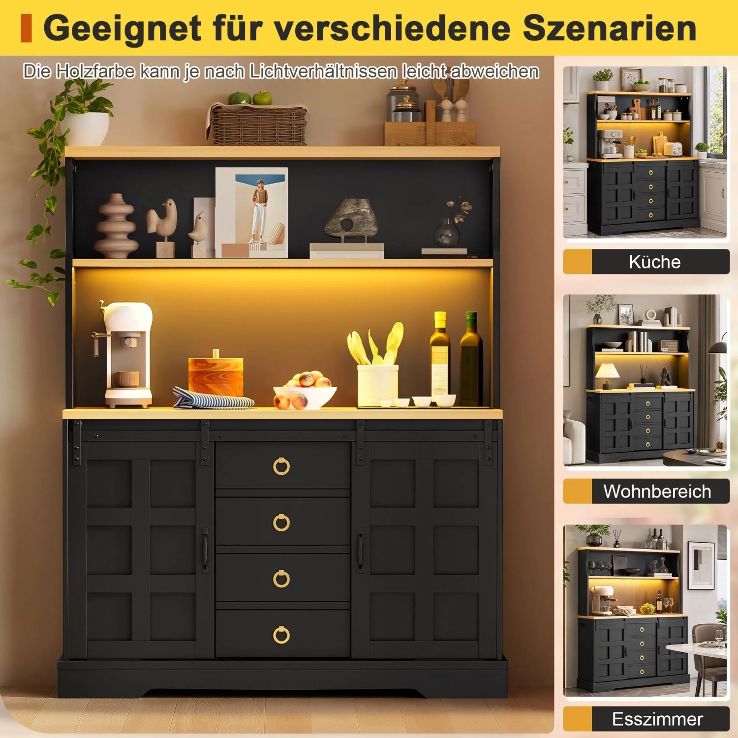 Merax Sideboard 150x120 cm LED Steckdose Weinregal 4 Schubladen Bar_6