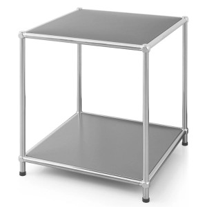 Graues Metallregal Concept Epure MK-012 mit zwei Ablageflächen, verchromtem Gestell, 40x40x46 cm. Kompakter Beistelltisch.