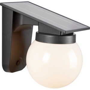 Schwarze Solar-LED-Wandleuchte mit Kugel-Lampenschirm und Solarpanel, 19x18x13 cm.