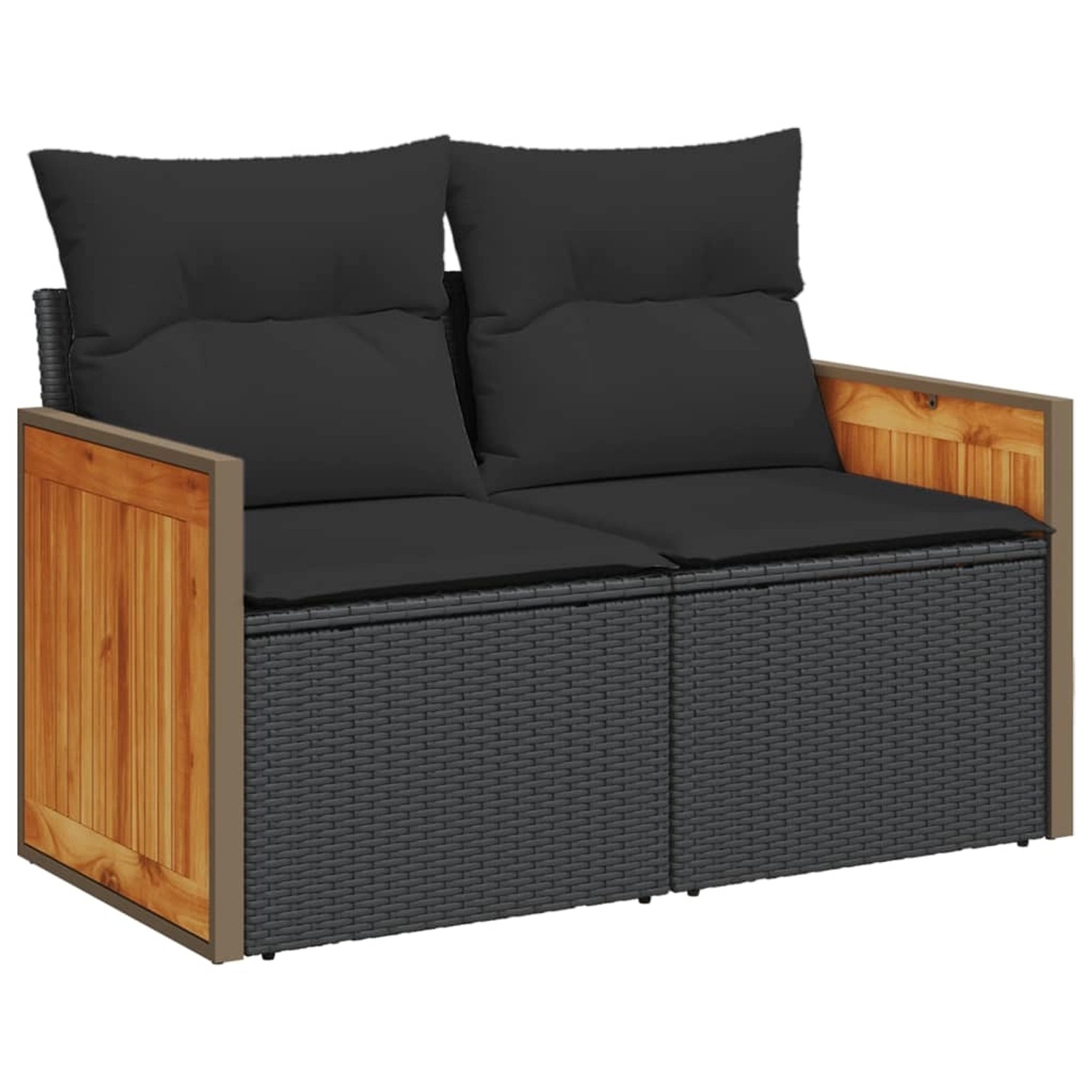 Schwarze 2-Sitzer Garten-Sofagarnitur aus Rattan mit Akazienholz-Armlehnen und schwarzen Kissen.