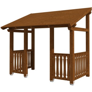 Skan Holz Haustür-Vordach Paderborn 8, nussbaum lasiert, 336x202 cm. Massives Holzvordach mit dekorativen Elementen.