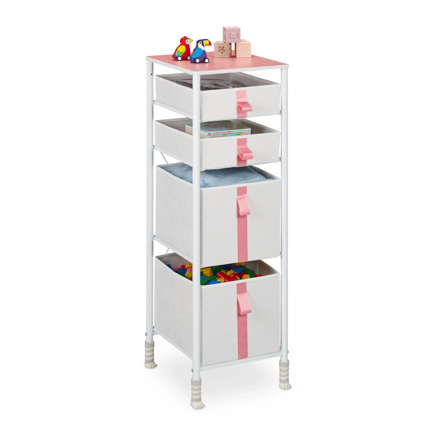 Relaxdays Kommode für Kinder Stahl Weiß Rosa Höhenverstellbar 109,5 cm x 36 cm x 40,5 cm
