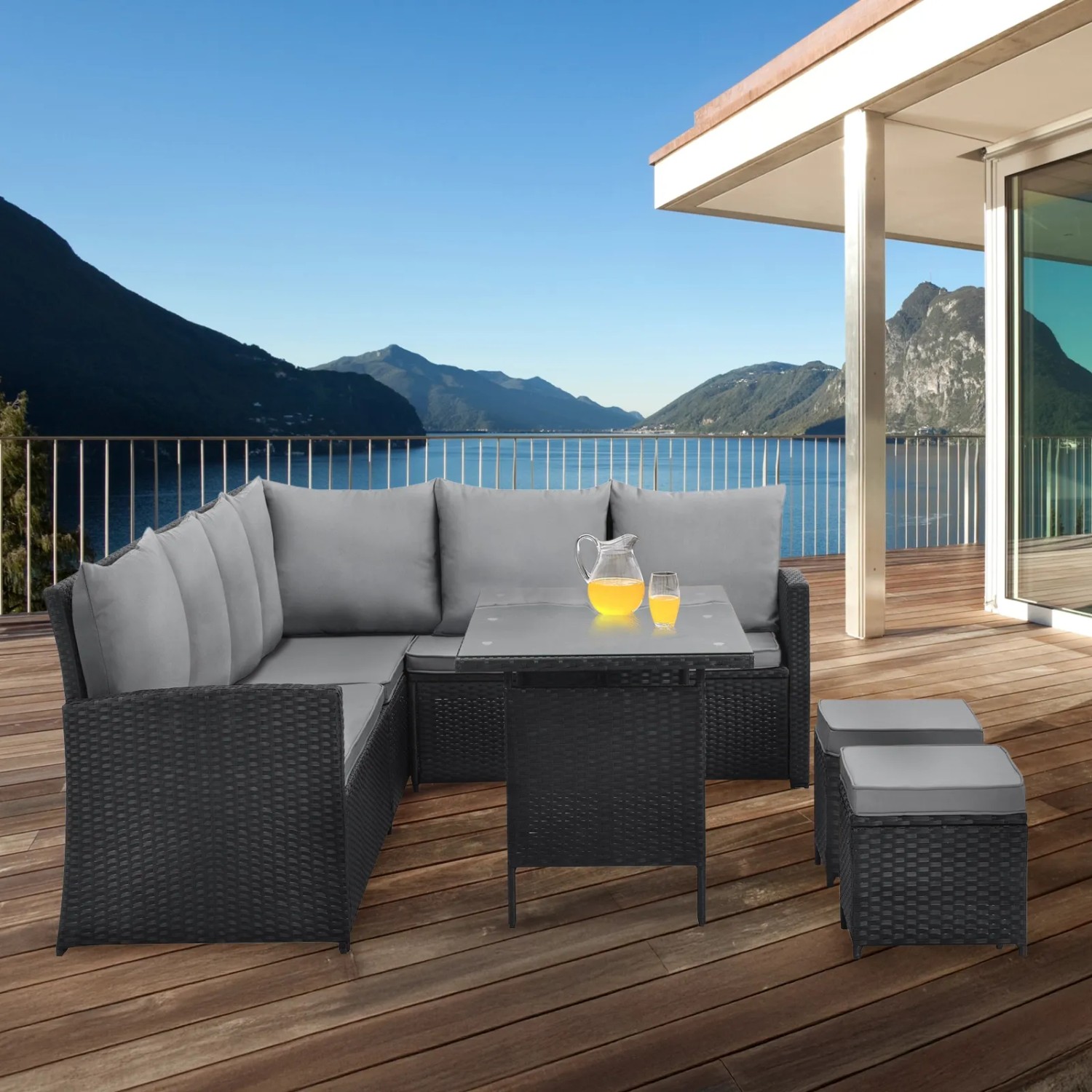 Schwarzes Svita Monroe Garten Lounge Set aus Polyrattan mit Tisch, Ecksofa und Hockern.