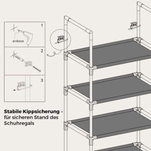 Diagramm der Kippsicherung für das Sekey Schuhregal. Zeigt die Montage des Wandankers für sicheren Stand.