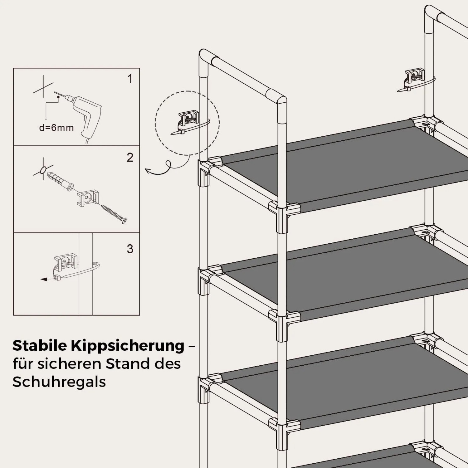 Diagramm der Kippsicherung für das Sekey Schuhregal. Zeigt die Montage des Wandankers für sicheren Stand.