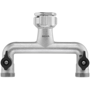 Geka Plus Zweiwegeventil aus Messing, vertikal, mit zwei Abgängen und schwarzen Griffen.