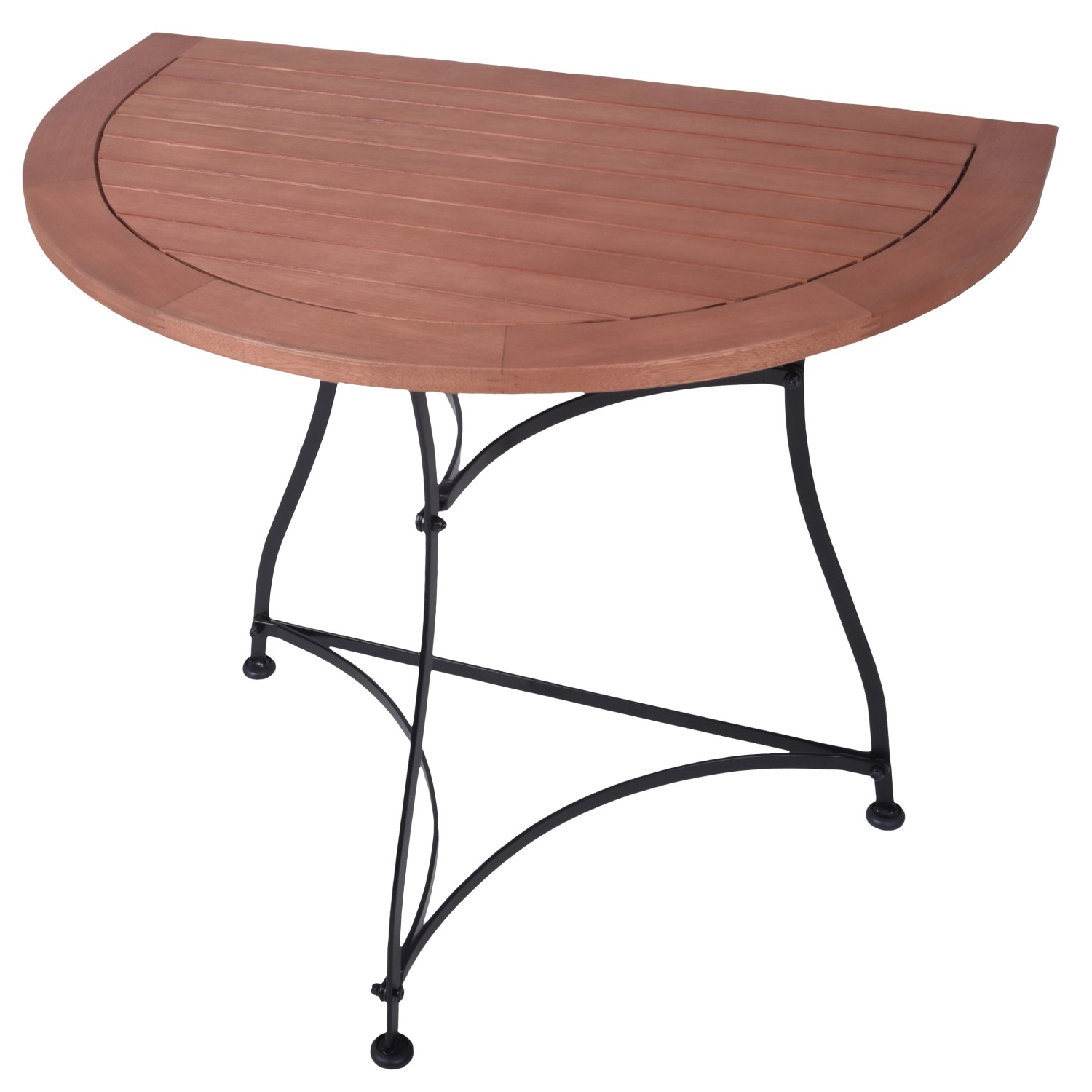 Halbrunder Gartentisch Wien von Garden Pleasure, braune Holzplatte mit schwarzem Stahlgestell, 85x54 cm.