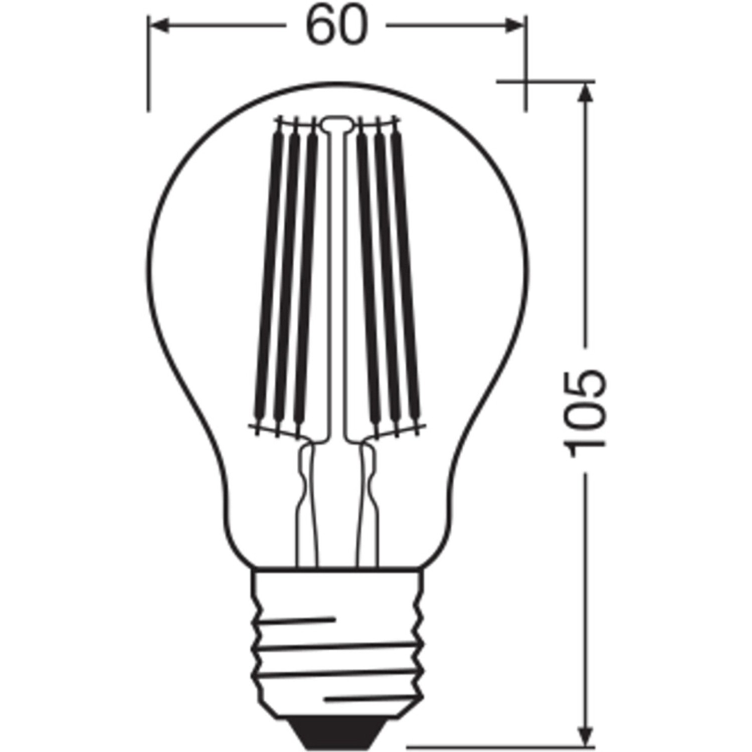 Skizze Osram LED-Lampe E27, 8,2W, 1521lm, Glühlampenform, Maße 10,5x6cm.
