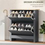 Dunkelgrauer HOMCOM Flip-down Schuhschrank mit heller Holzplatte, zwei offenen Klappfächern voller Schuhe. Kompakte Schuhkommode.