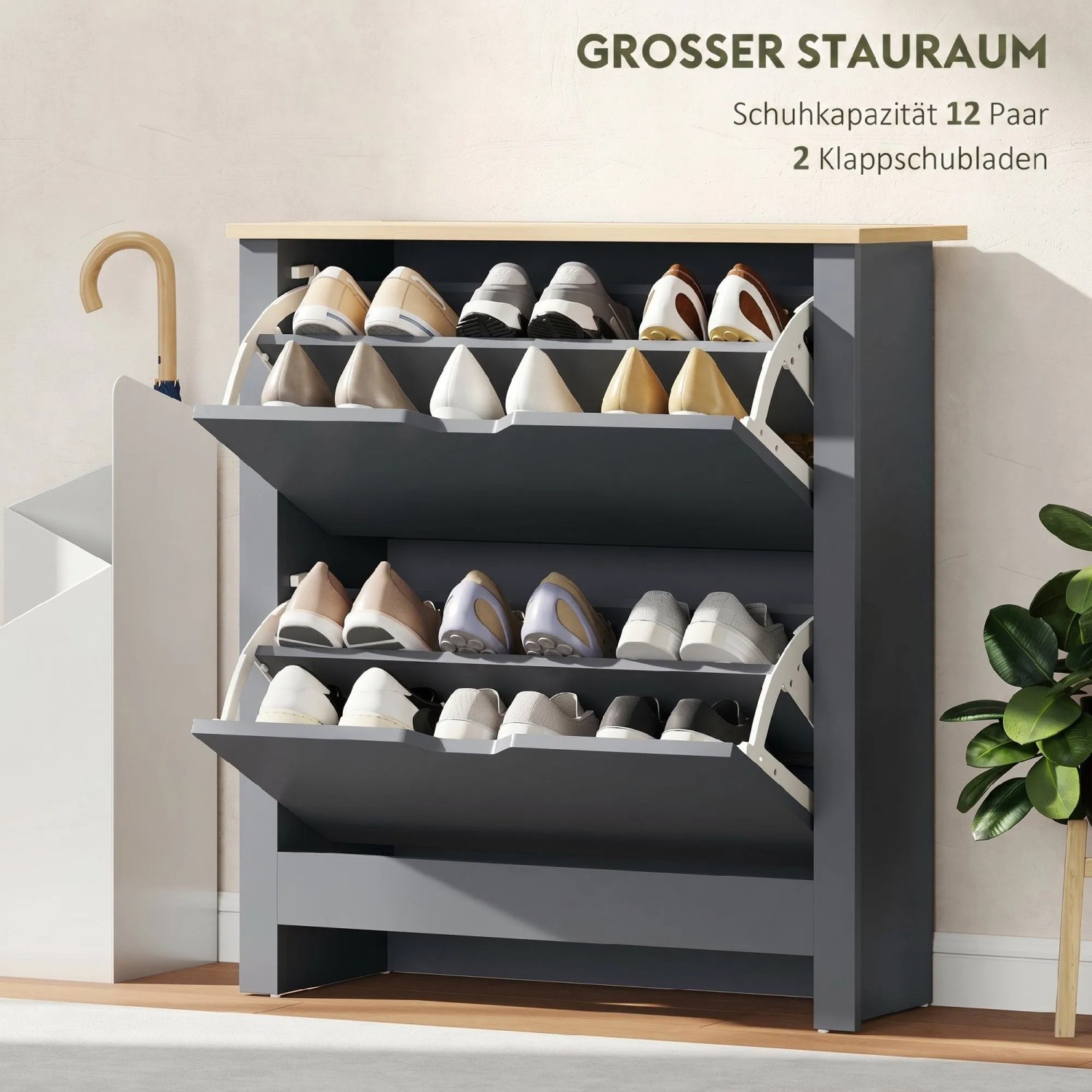 Dunkelgrauer HOMCOM Flip-down Schuhschrank mit heller Holzplatte, zwei offenen Klappfächern voller Schuhe. Kompakte Schuhkommode.