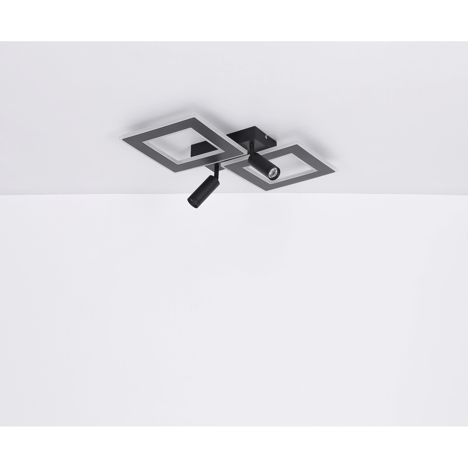 Moderne, schwarze Globo LED-Deckenleuchte Marian mit zwei Strahlern und quadratischen Elementen.