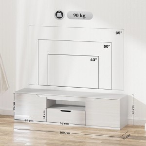 Weißes HOMCOM TV Lowboard, 160 cm breit, mit Fächern und Schublade für Fernseher bis 65 Zoll.