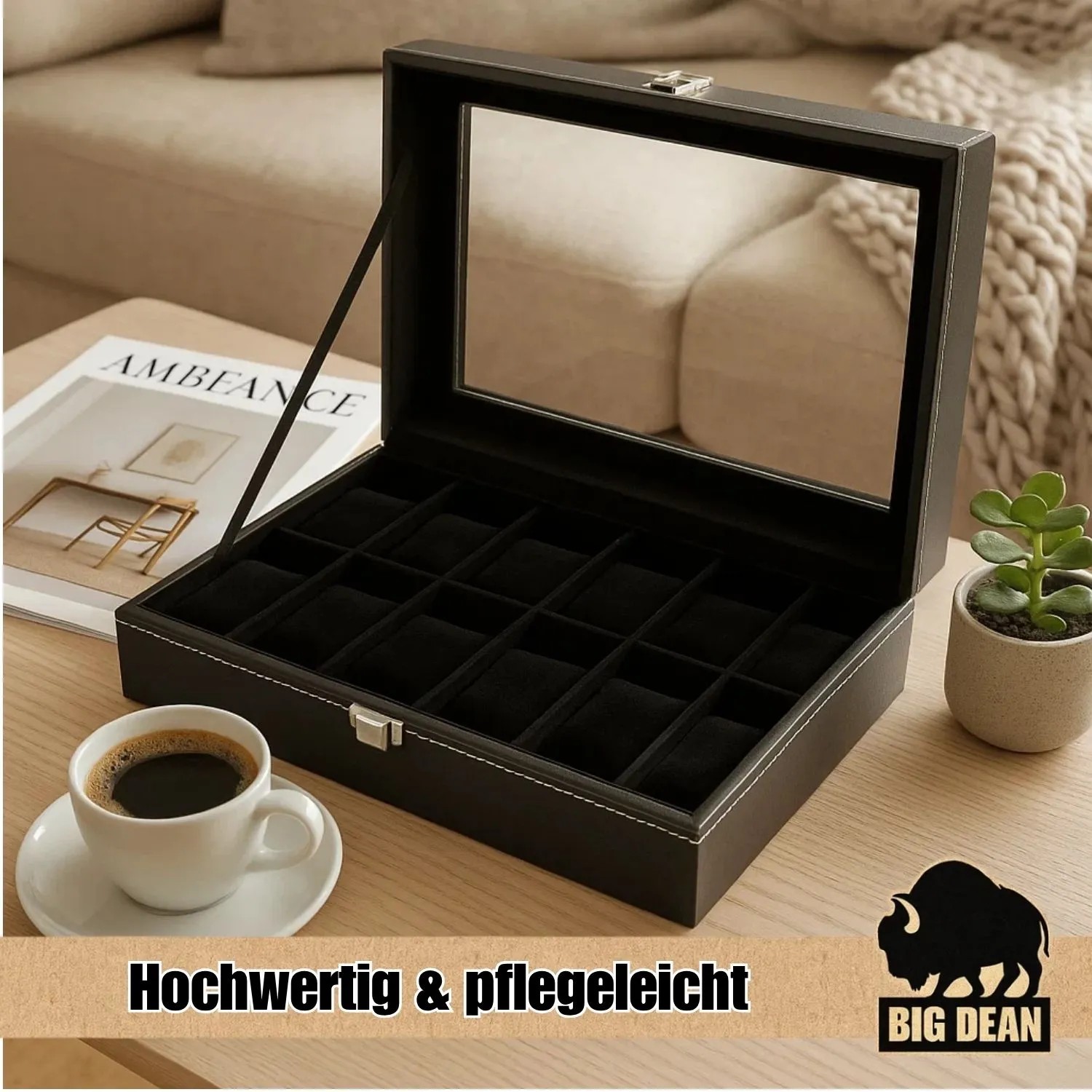 BigDean Uhrenbox für 12 Uhren mit Glasdeckel, schwarze Aufbewahrungsbox für Herrenuhren.