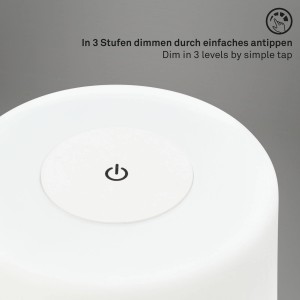 Weiße Brilo Akku-Tischleuchte mit Touchdimmer und USB-Ladefunktion.