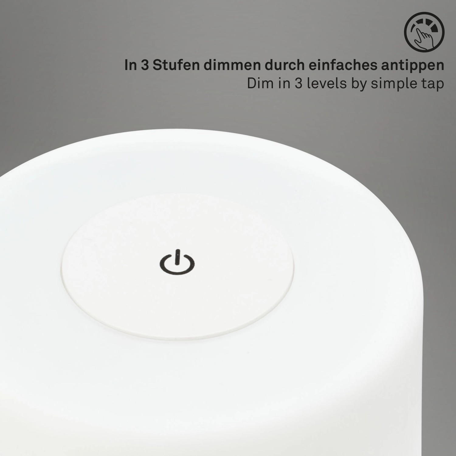 Weiße Brilo Akku-Tischleuchte mit Touchdimmer und USB-Ladefunktion.