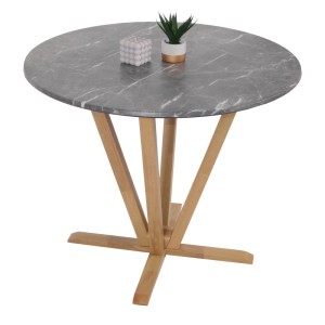 MCW Bistrotisch M56 mit Marmor-Optik und hellem Holzgestell für Garten oder Balkon.