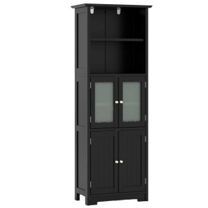 Schwarzer Badezimmerschrank mit Glastüren, offenen Fächern und verstellbaren Regalen. Ideal als Badregal mit Stauraum.