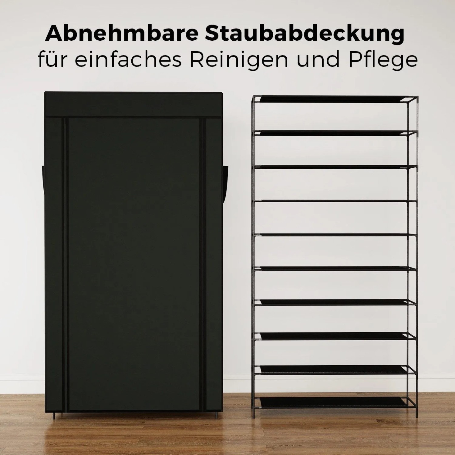 Schwarzer Stoffschrank Schuhschrank mit 9 Ebenen, einmal geschlossen, einmal als offenes Schuhregal. Abnehmbare Staubabdeckung.