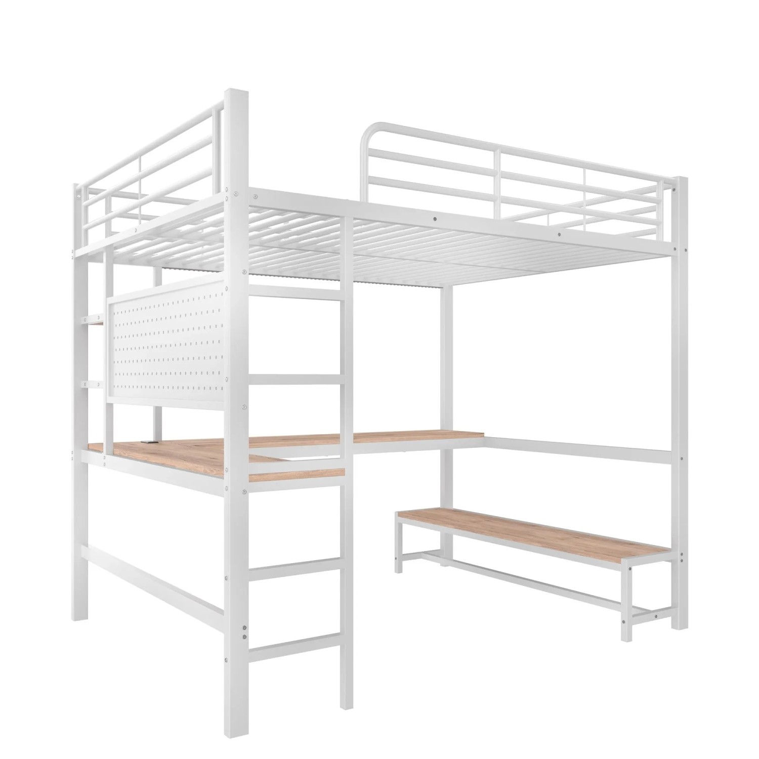 okwish Hochbett 140x200cm mit Schreibtisch und LED Leiste Weiß ohne Matratze