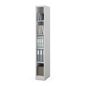 Schmales graues JAN NOWAK Metallregal TIM mit Dokumenten und Ordnern. Ideal für Archivierung in Büroschränken.