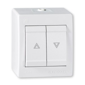 Weißer Aling-Conel Aufputz Jalousientaster IP44 für den Innen- und Außenbereich.