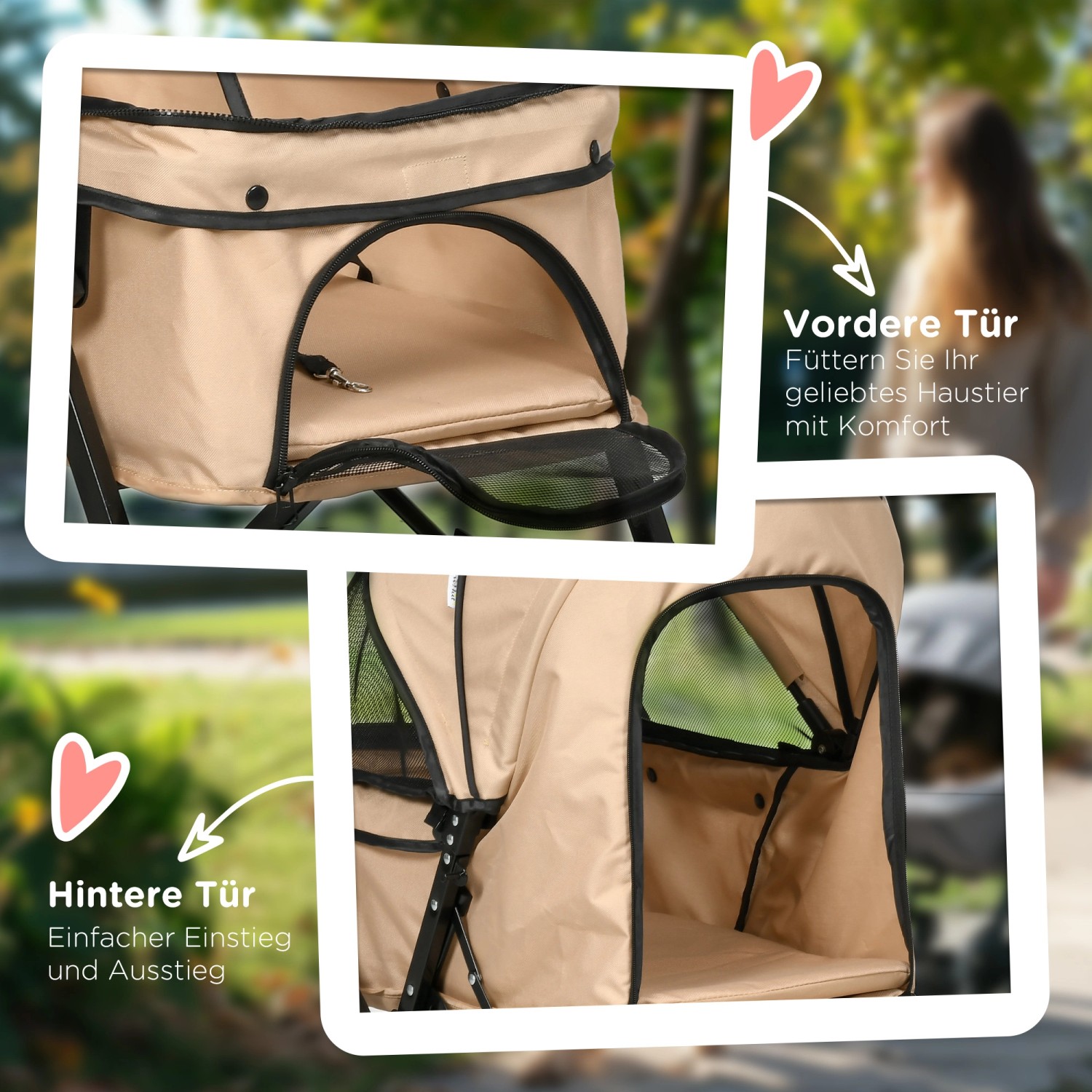 Detailansicht PawHut Hundewagen, braunes Oxford-Gewebe, vordere und hintere Tür