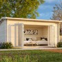 Palmako Gartenhaus Ines mit Falttür, 480x300 cm, lackiert in Dunkelgrau-Weiß. Holz-Gartenhaus mit Fußboden.